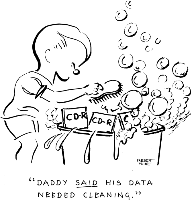 A small child is scrubbing CD-R's in a tub, with lots of bubbles and
            foam. He is saying "Daddy <i>said</i> his data needed cleaning."
