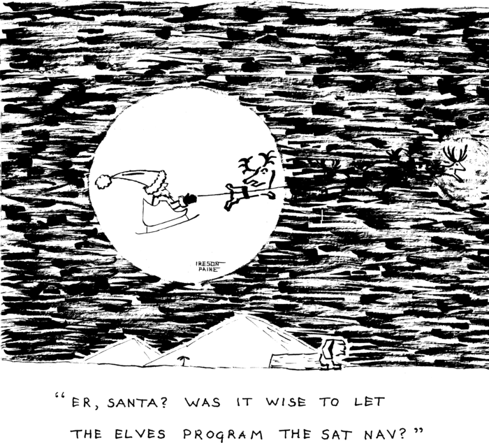 Santa and his reindeer are silhouetted against the moon, overlooking the 
            Sphinx and two pyramids. The nearest reindeer is asking "Er, Santa? Was 
            it wise to let the elves program the sat nav?"
