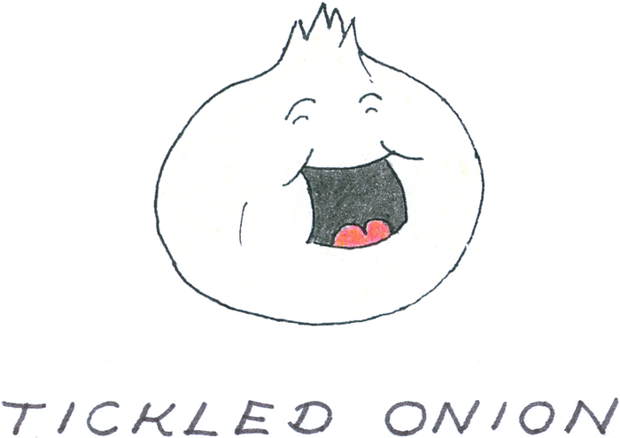 A grinning onion, mouth open and tongue visible.
            The caption reads "Tickled Onion".
