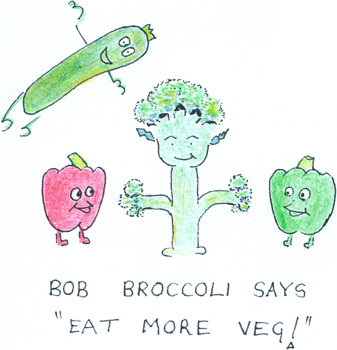 A red pepper and a green pepper stand flanking
            a head of broccoli drawn to resemble a man with
            very curly hair. A courgette leaps over them. All
            are smiling. The caption reads "Bob Broccoli says
            'Eat More Veg!'"
