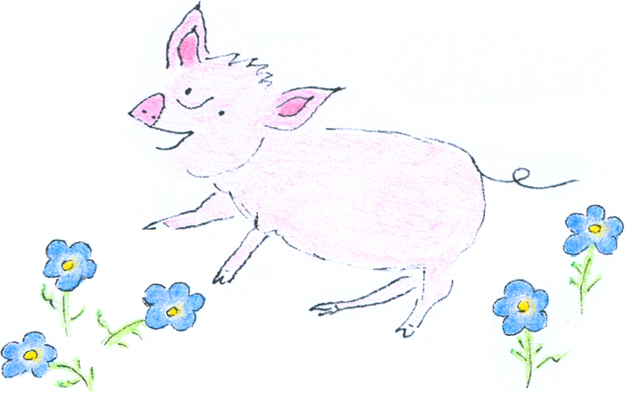 A happy piglet skipping around amongst blue flowers.
