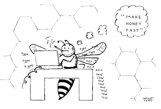 Dodgy unshaven fag-smoking bee in front of laptop, thinking 'MAKE HONEY FAST'.