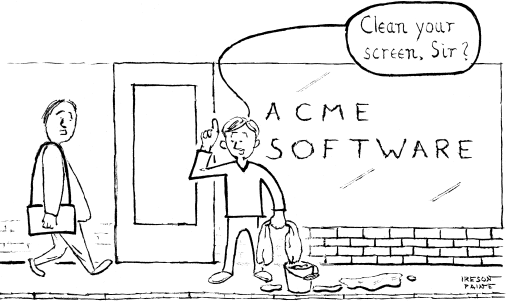 Cartoon of lad with bucket and cleaning rag standing outside a software company