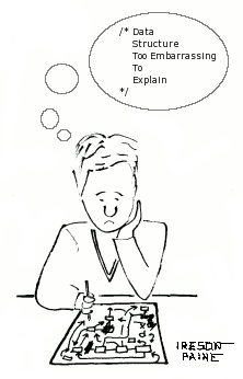 Cartoon of programmer sadly staring at his diagram of messy over-complicated data structure. Above his head is a thought bubble containing a code comment: 'Data Structure Too Embarrassing To Explain'.